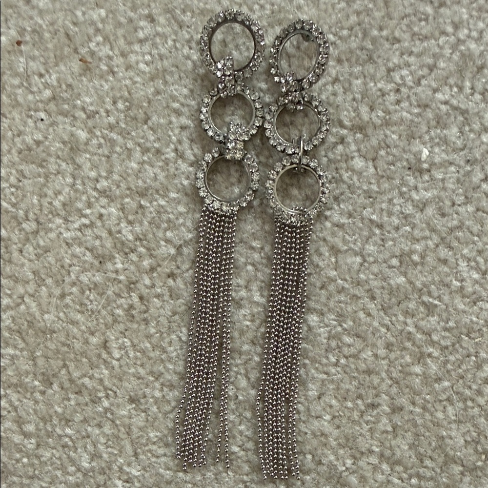 Silver Crystal Triple-Ring Tassel Drop Earrings